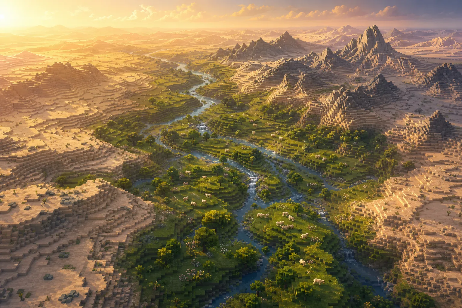 A high golden-hour aerial view of a large voxel world where green river valleys hold scattered herds while bare peaks and dry flats lie empty of animals.