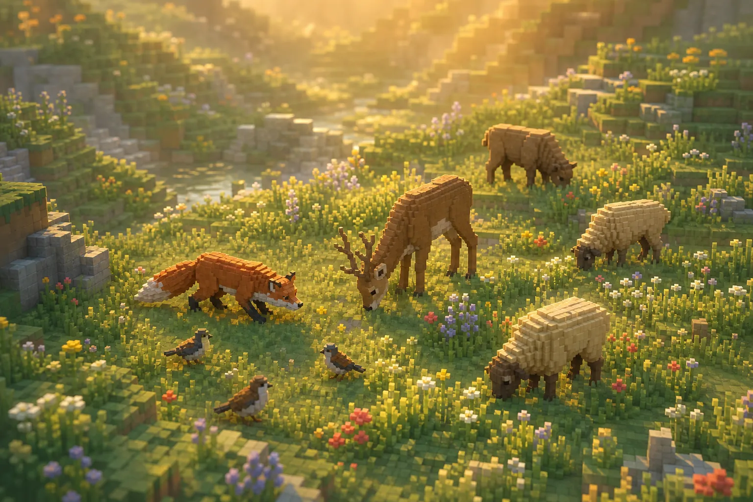 An aerial golden-hour view of a voxel meadow dotted with distinct animals — a deer, a fox, grazers, and small birds — each a recognizable sculpted shape.