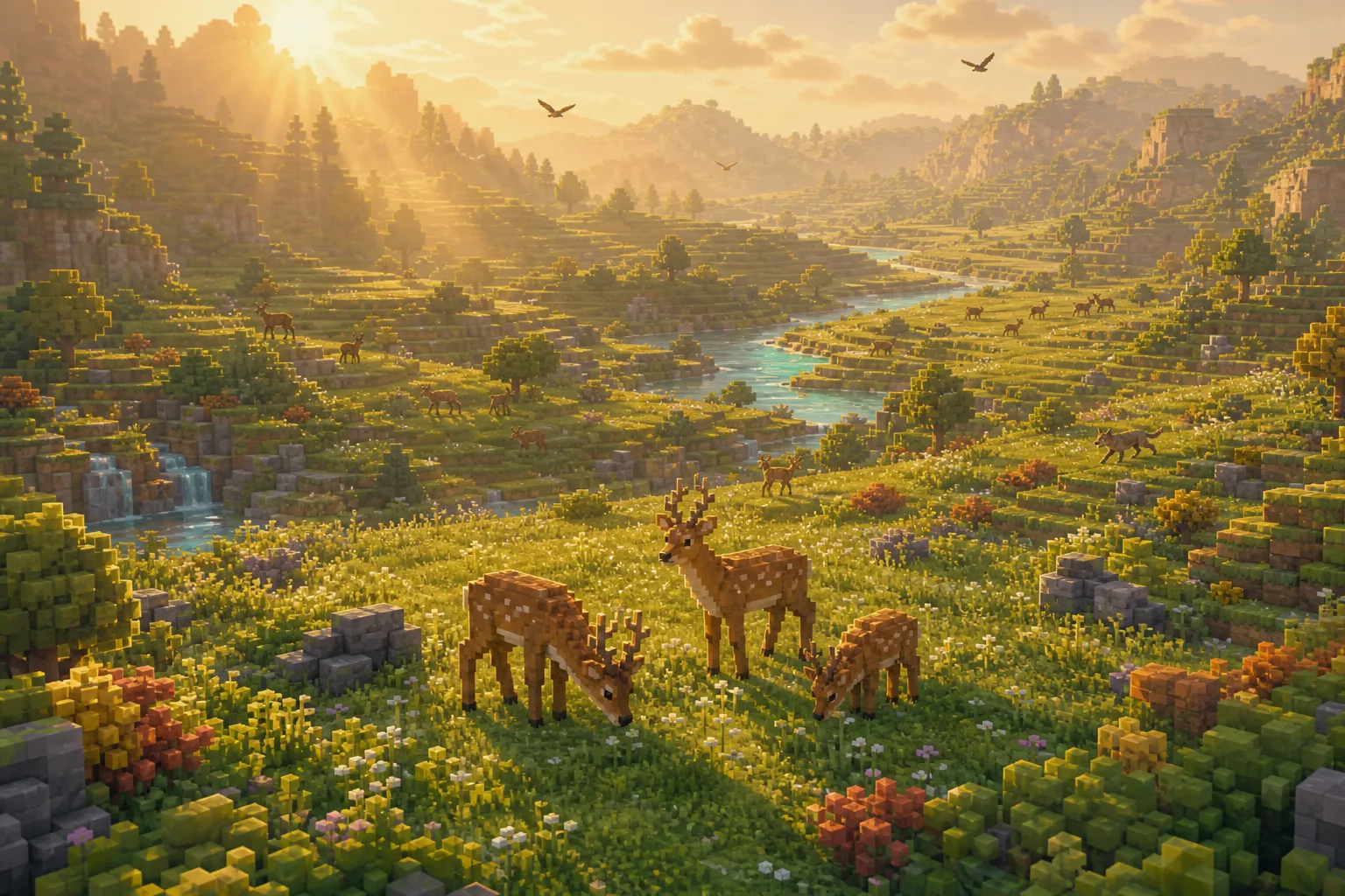 An aerial golden-hour view of a voxel valley densely populated with many animals — grazing herds, scattered hunters, and birds in the air — all on screen at once.