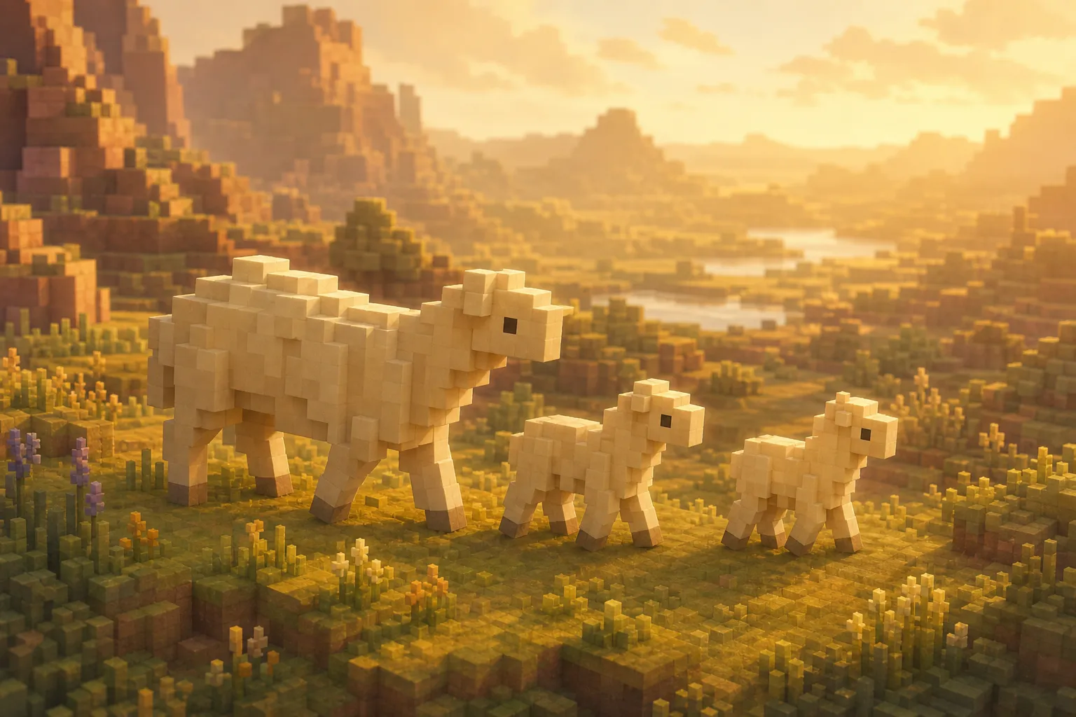A small family of pale voxel animals, an adult and two young, walking together across a distant golden-hour ridge, rendered as clear individuals while the wider valley dissolves into warm haze.