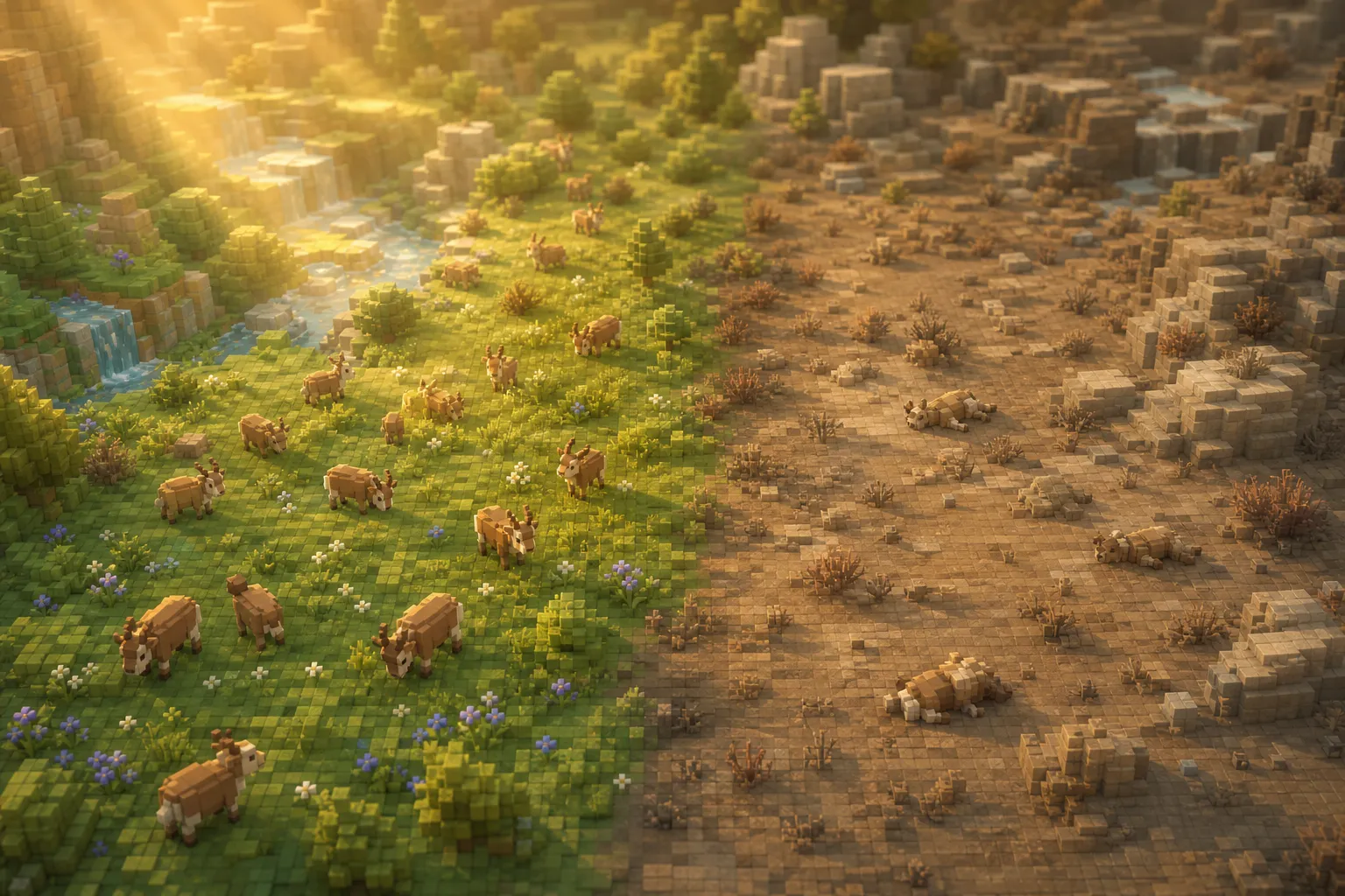 Aerial golden-hour view of one voxel valley split in two: a thriving thinned herd of grazers on lush ground on one side, and the same patch nearly emptied of life on the other.