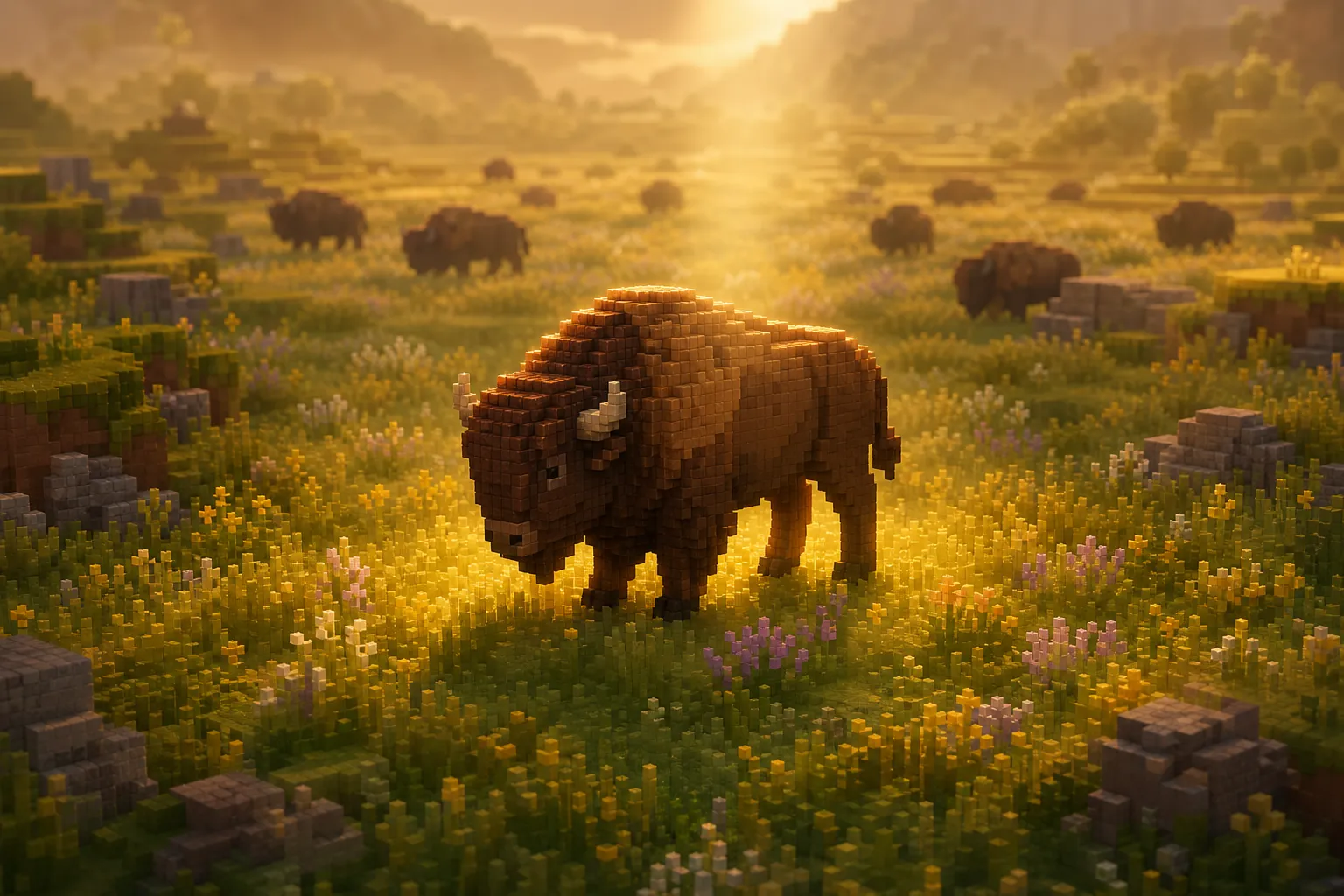 A single voxel creature in a wide golden-hour meadow, lit apart from the others by a soft warm shaft of light, the wild land calm around it.