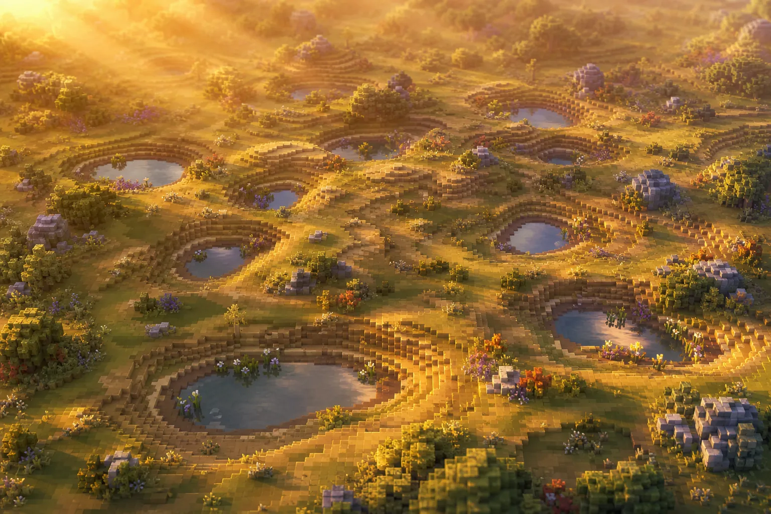 An aerial view of a soft voxel valley at golden hour, its low ground dotted with several separate ponds, dry land ridges standing between them.