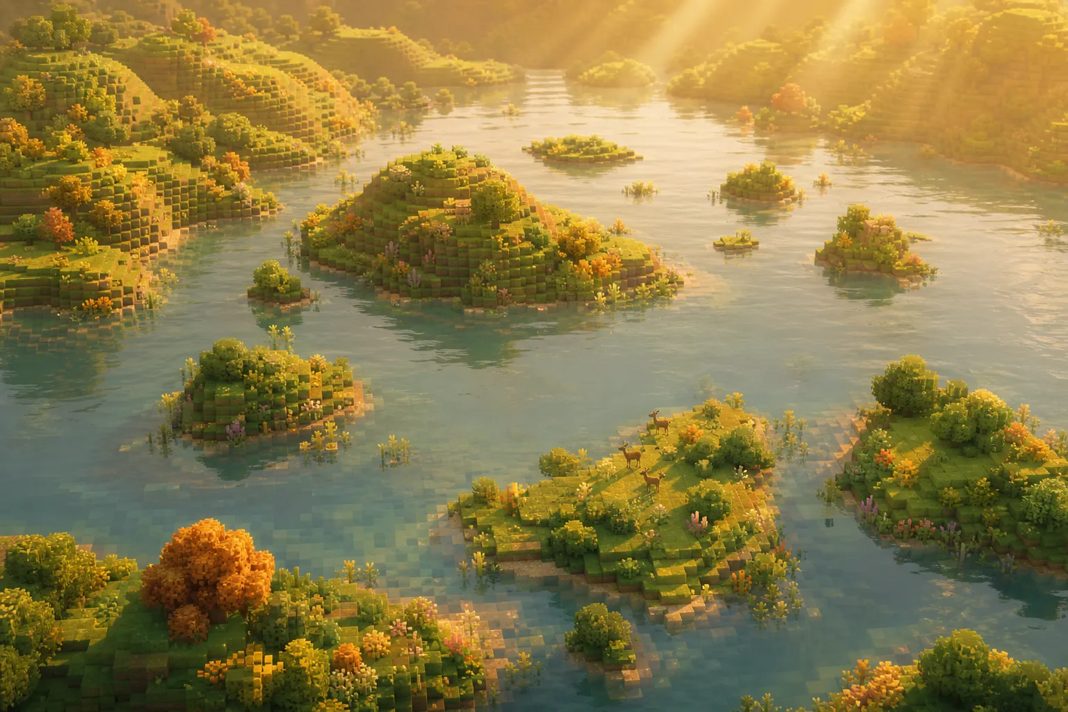 An aerial view of a soft voxel valley at golden hour flooded into a single broad sheet of water, with only a few low hills remaining above the surface.