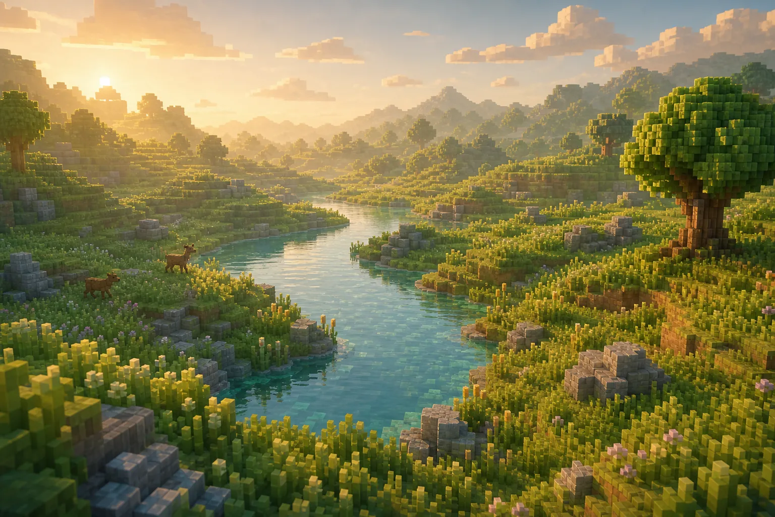 A pristine voxel valley at golden hour, soft hills and a winding river, looking entirely untouched as if freshly made.