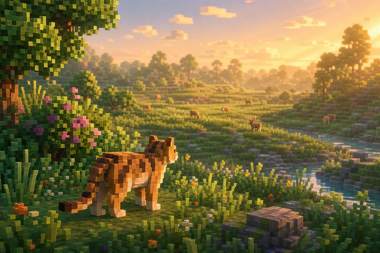 A lone small predator standing at the edge of a lush golden-hour voxel meadow, with grazing animals scattered in the distance, unaware of it.