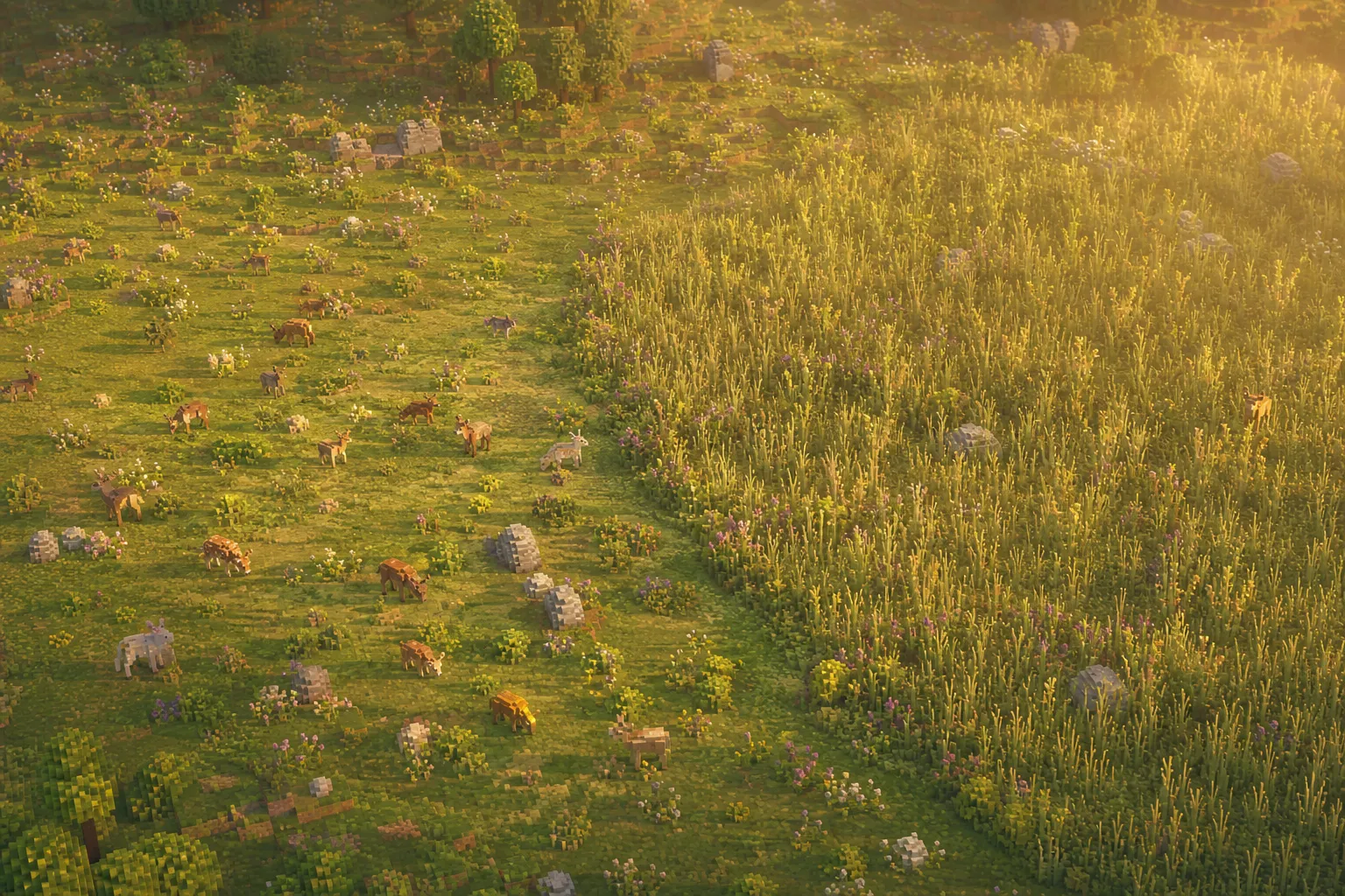 An aerial view of a golden-hour voxel meadow, one half dense with small grazing animals and the other half nearly empty of them with taller grass.