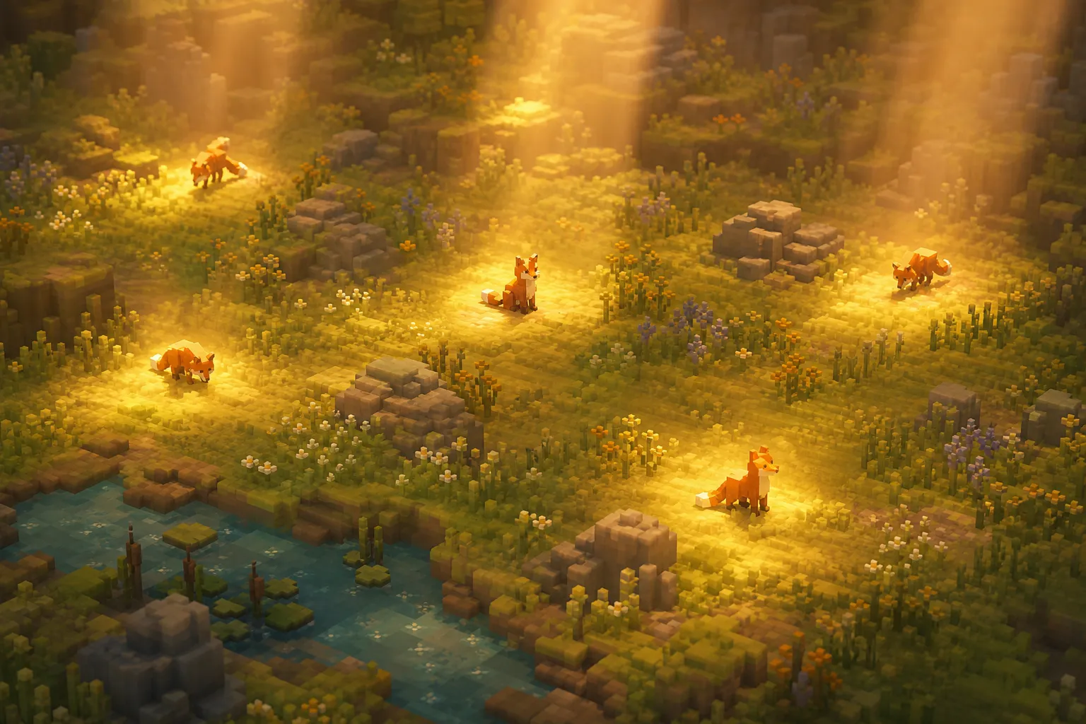 An aerial golden-hour view of a soft voxel meadow with several small foxes in a warm clearing, each touched by a gentle shaft of light.