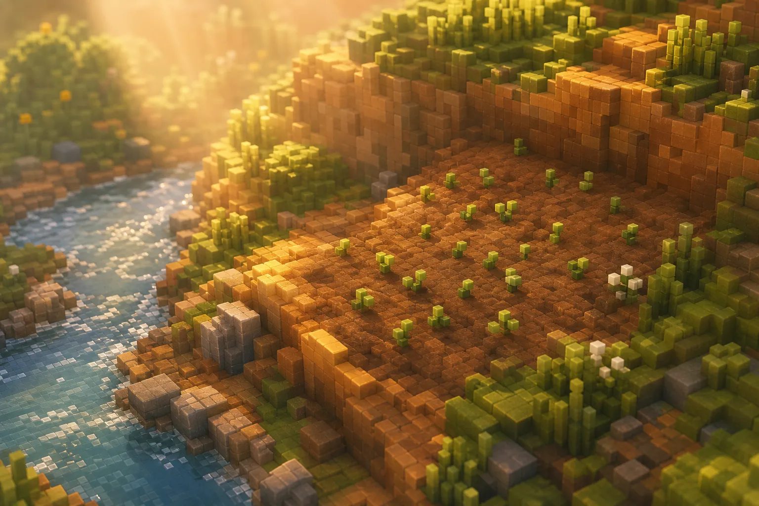 A golden-hour voxel landscape where a stream has been carved past low rounded hills and the first sparse green sprouts are taking hold in a patch of bare warm earth beside the water, lit by soft shafts of warm light.