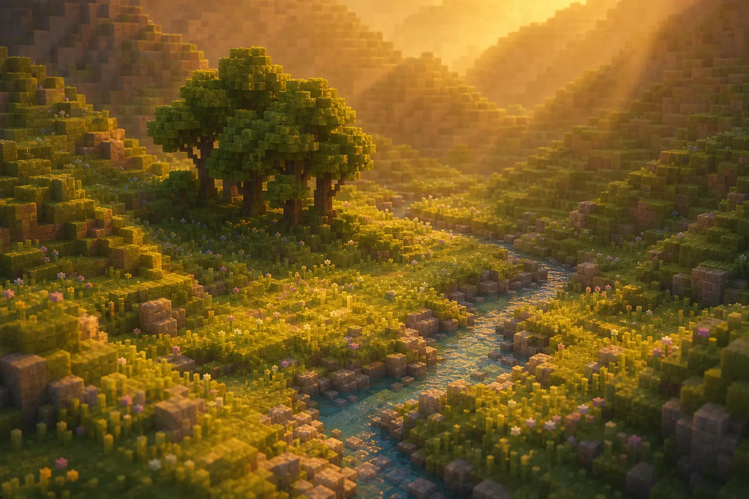 A small settled voxel valley at golden hour: a calm stream threading through a warm meadow basin cradled by soft rounded hills, with a single cluster of trees standing at its heart.