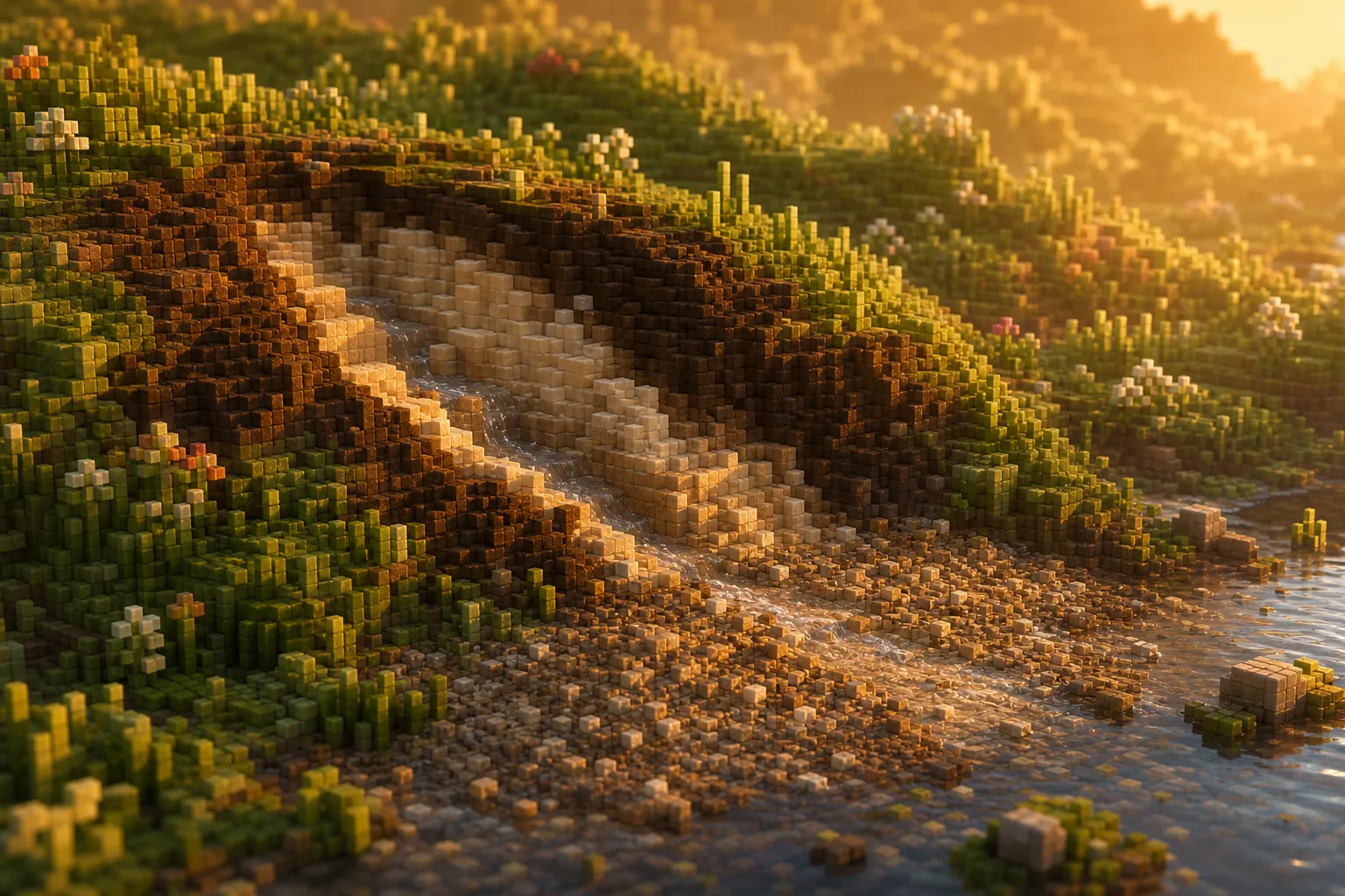 A close golden-hour view of a voxel hillside with a shallow new channel cut into its shoulder, pale subsoil exposed at the lip, and a low fan of deposited material spreading at the base.