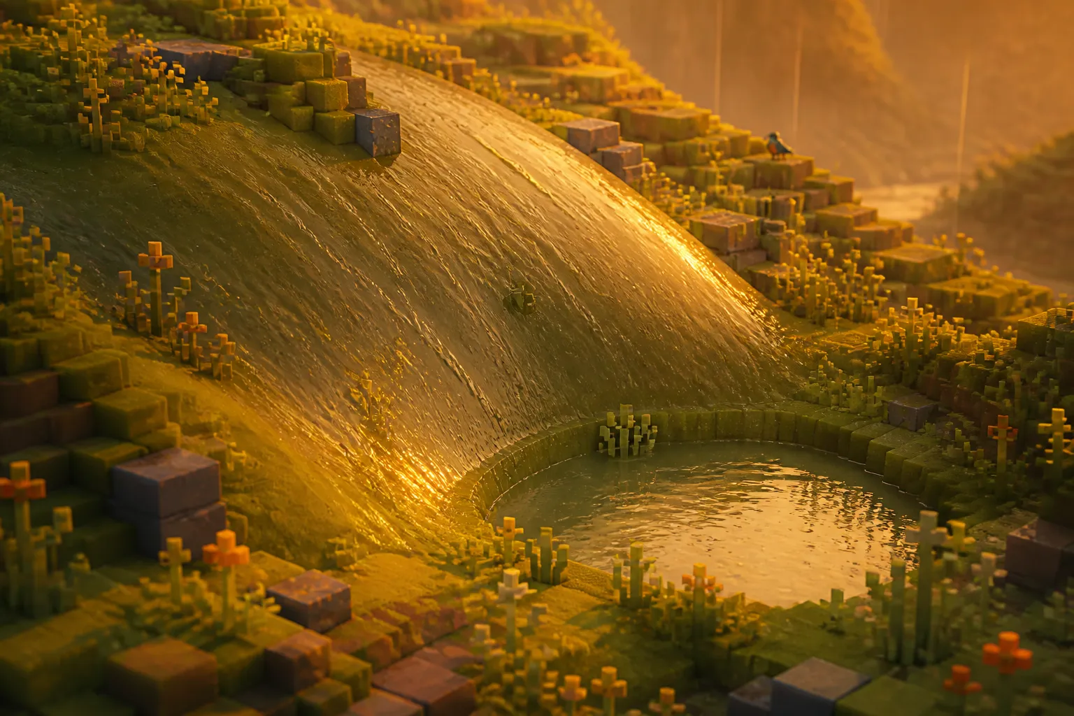 An aerial golden-hour view of a voxel hillside under rain, water running down the slope and pooling below, the ground beneath it perfectly smooth and uncarved.