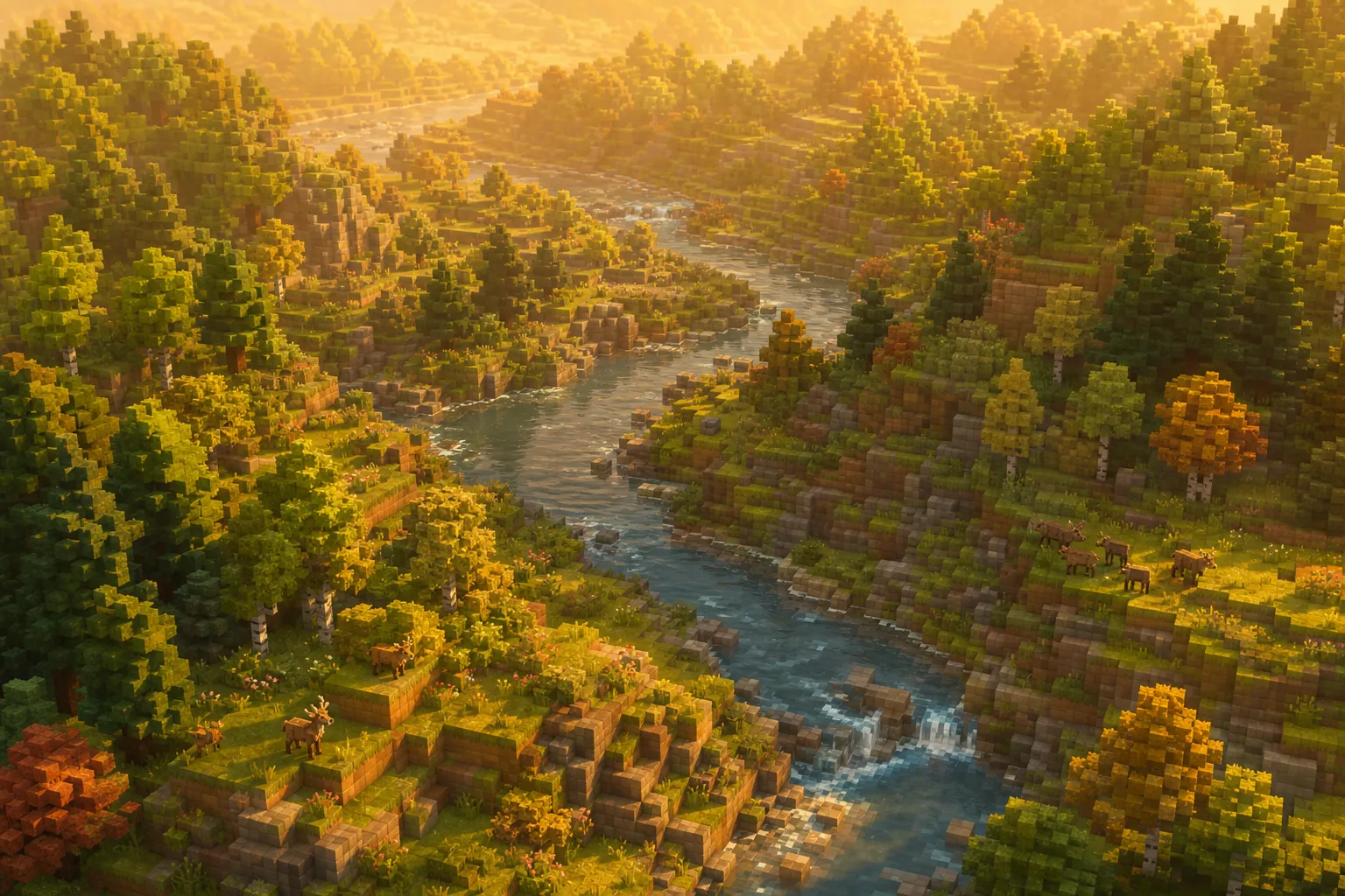 An aerial golden-hour view of a voxel valley with a winding river, wooded slopes, and rounded hills receding into warm haze.