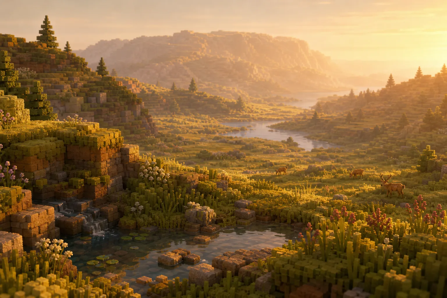 A wide golden-hour view across a voxel valley toward a distant hillside softened by haze, with detailed ground nearby and a simplified ridge far off.
