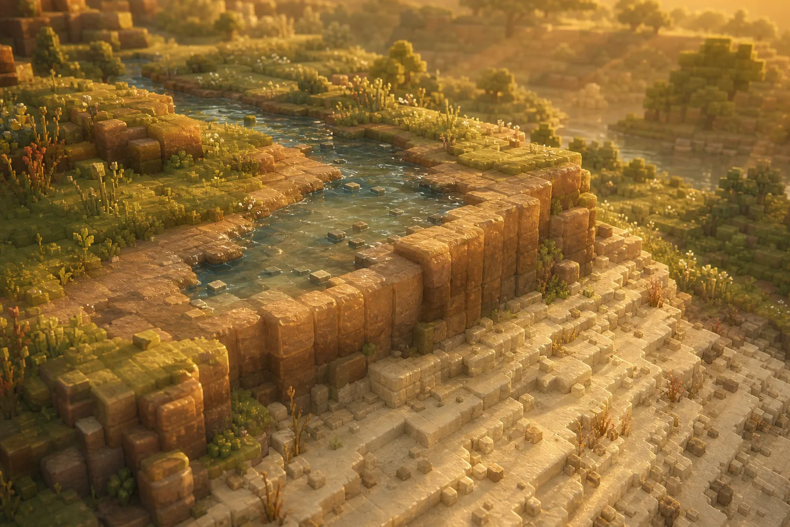 A close golden-hour view of a voxel cliff whose top edge stands one step higher than the worn ground behind it, a shallow channel cutting back from the rim.