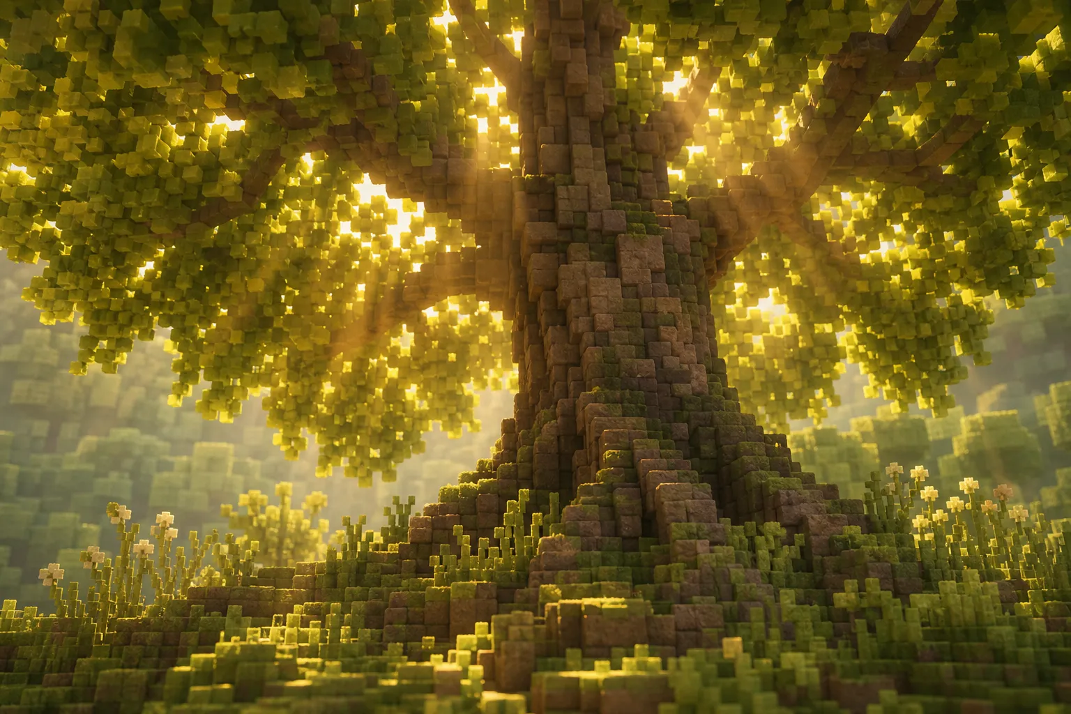A voxel tree canopy seen from below at golden hour, sunlight filtering through the leaves in dappled patches and pooling as soft shadow at the base of the trunk.