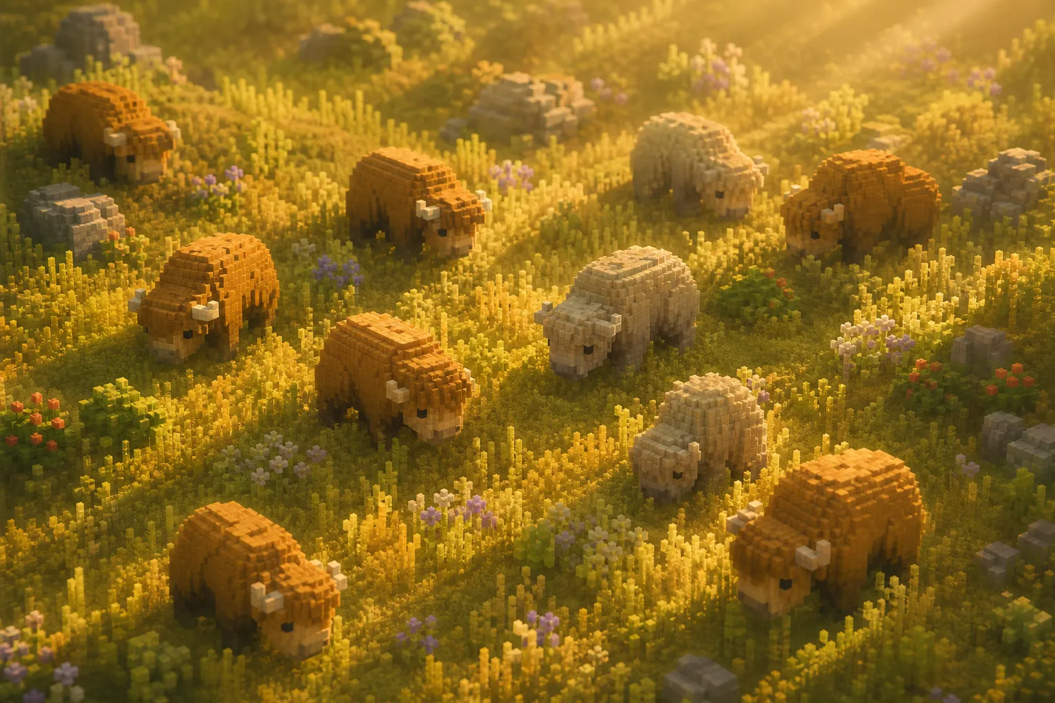 Golden-hour aerial view of a small voxel meadow with rounded grazing creatures, most brightly lit and a few muted to a paler tone, scattered across warm grass.