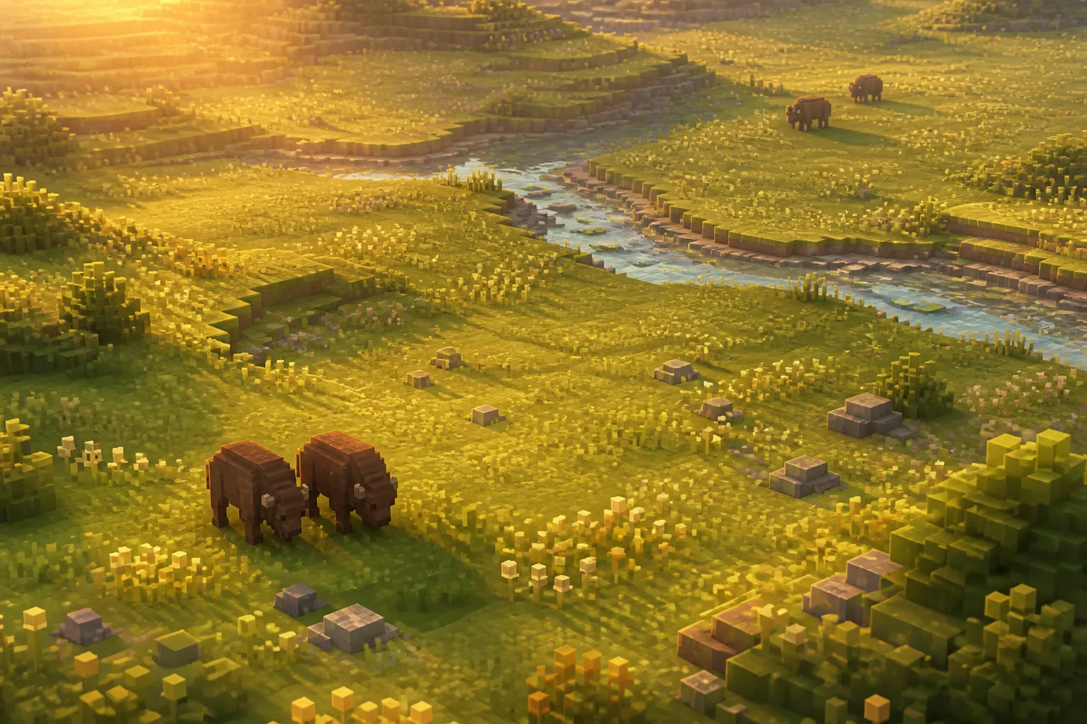 Golden-hour aerial view of a voxel meadow showing two small clusters of grazing animals, one pair standing close together and another separated by a stretch of open ground.
