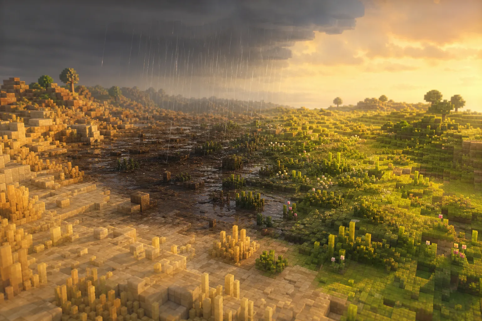 A small hard-edged storm over pale dry voxel land, its rain confined beneath it while the green land beyond stays in clear light.
