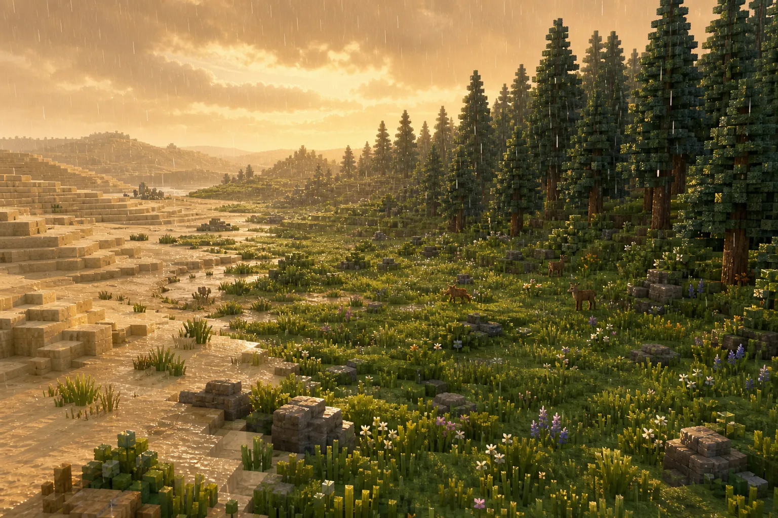An aerial view of a voxel world where desert dunes, meadow and northern pine forest all lie beneath one continuous sheet of identical rain.