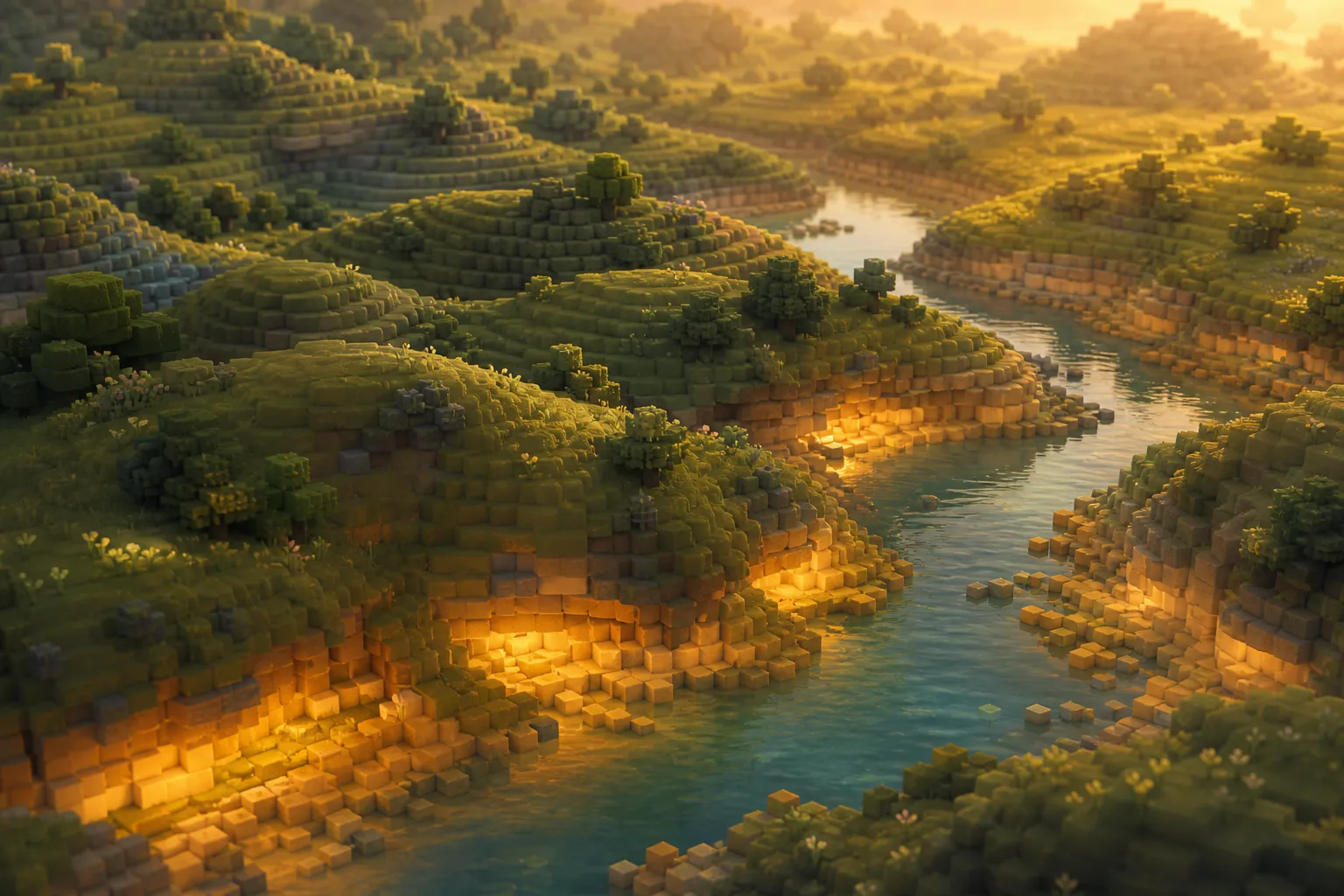 An aerial view of a voxel landscape of rounded hills and a river, lit strangely from underneath so the undersides of the terrain glow while the tops fall dark.