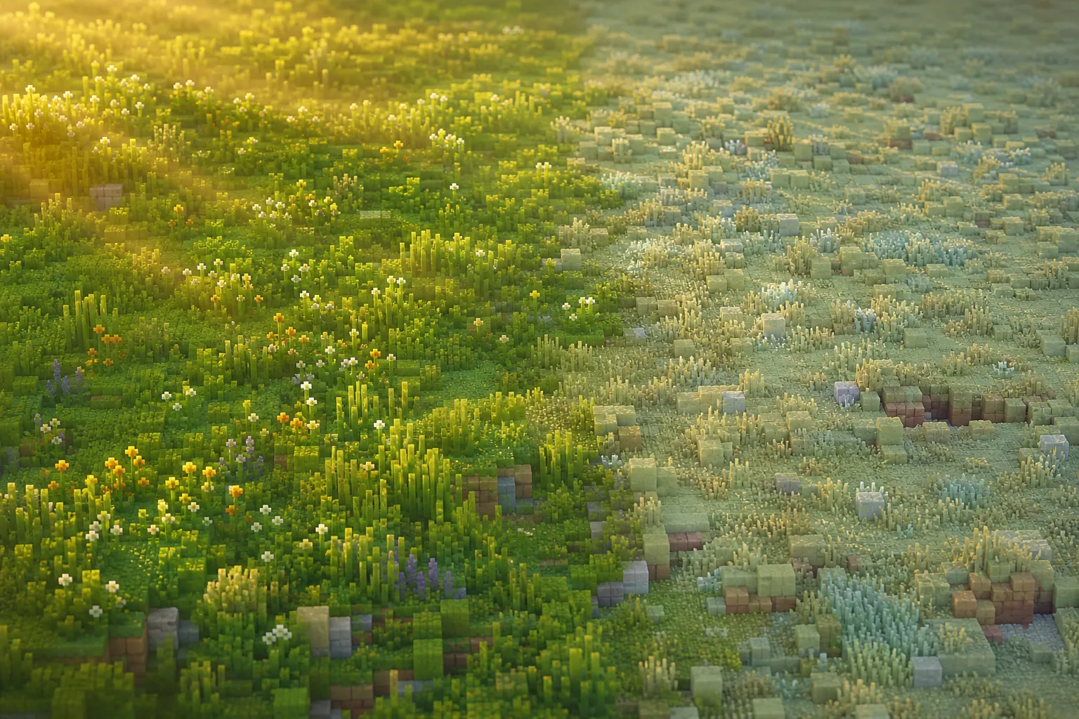 An aerial view of voxel meadow where one stretch is lush and green and the neighbouring stretch is sparse and pale under cool light.