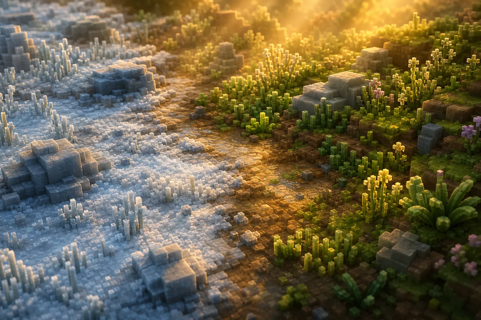 A stretch of voxel ground at golden hour, frost-touched and pale on one side, warm and green with growth on the other.