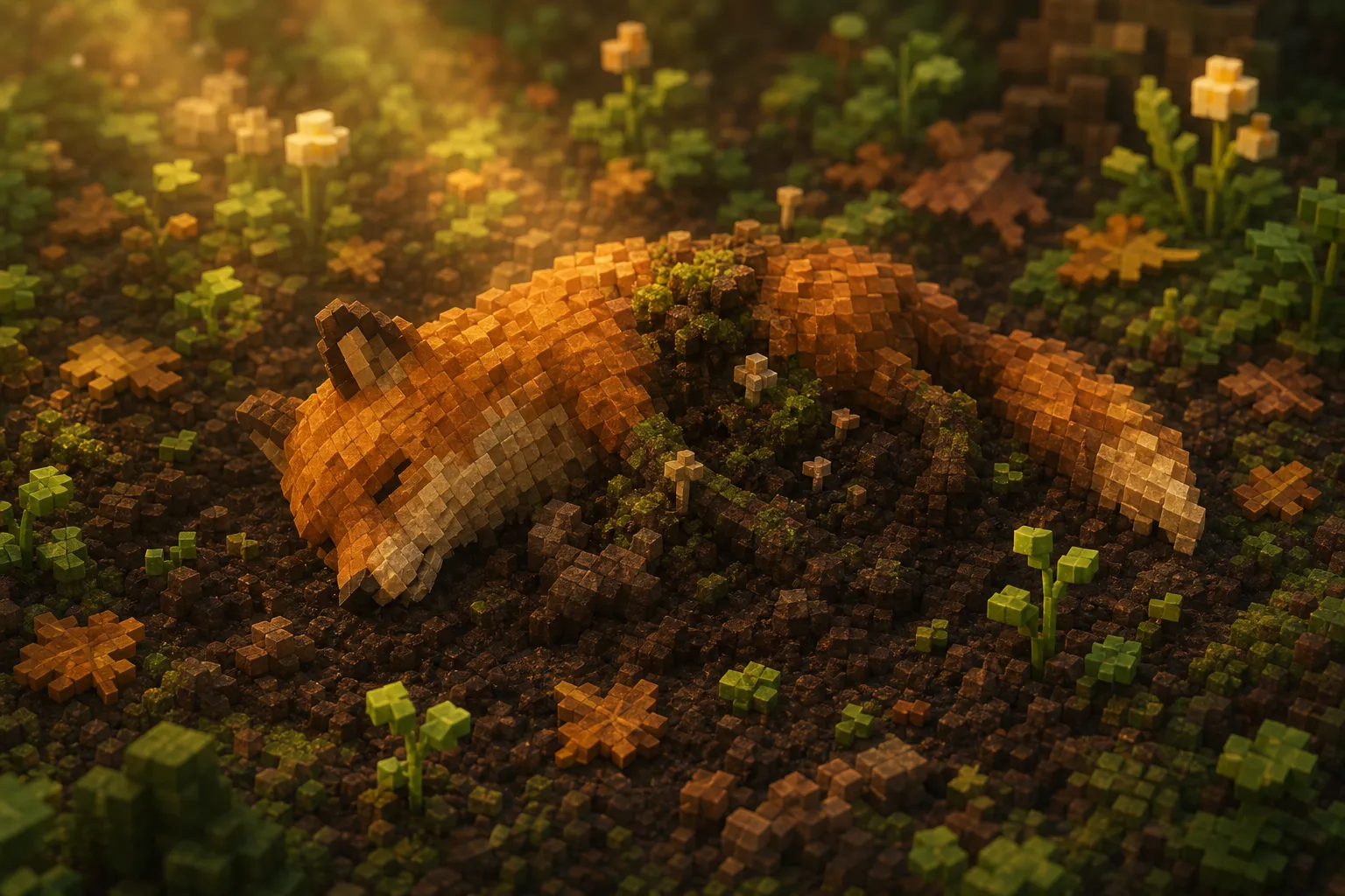 A small still creature lying on dark, rich voxel forest soil in golden light, with tiny green sprouts pushing up around it.