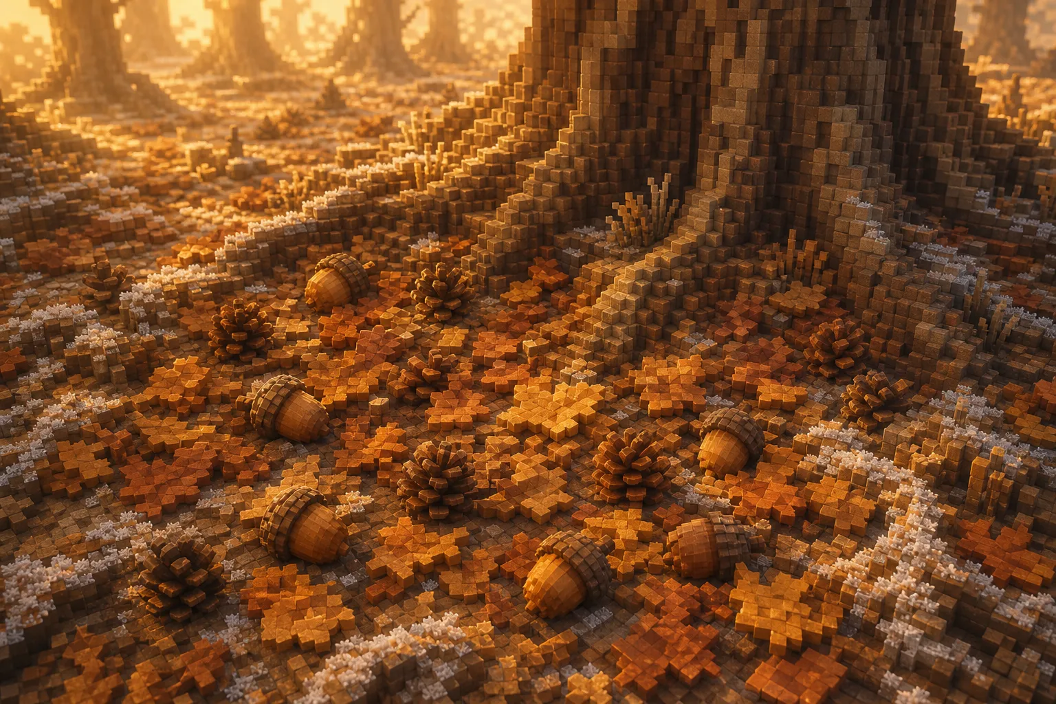 Fallen acorns and cones scattered across frosted amber leaf litter beneath a large bare voxel tree at golden hour.