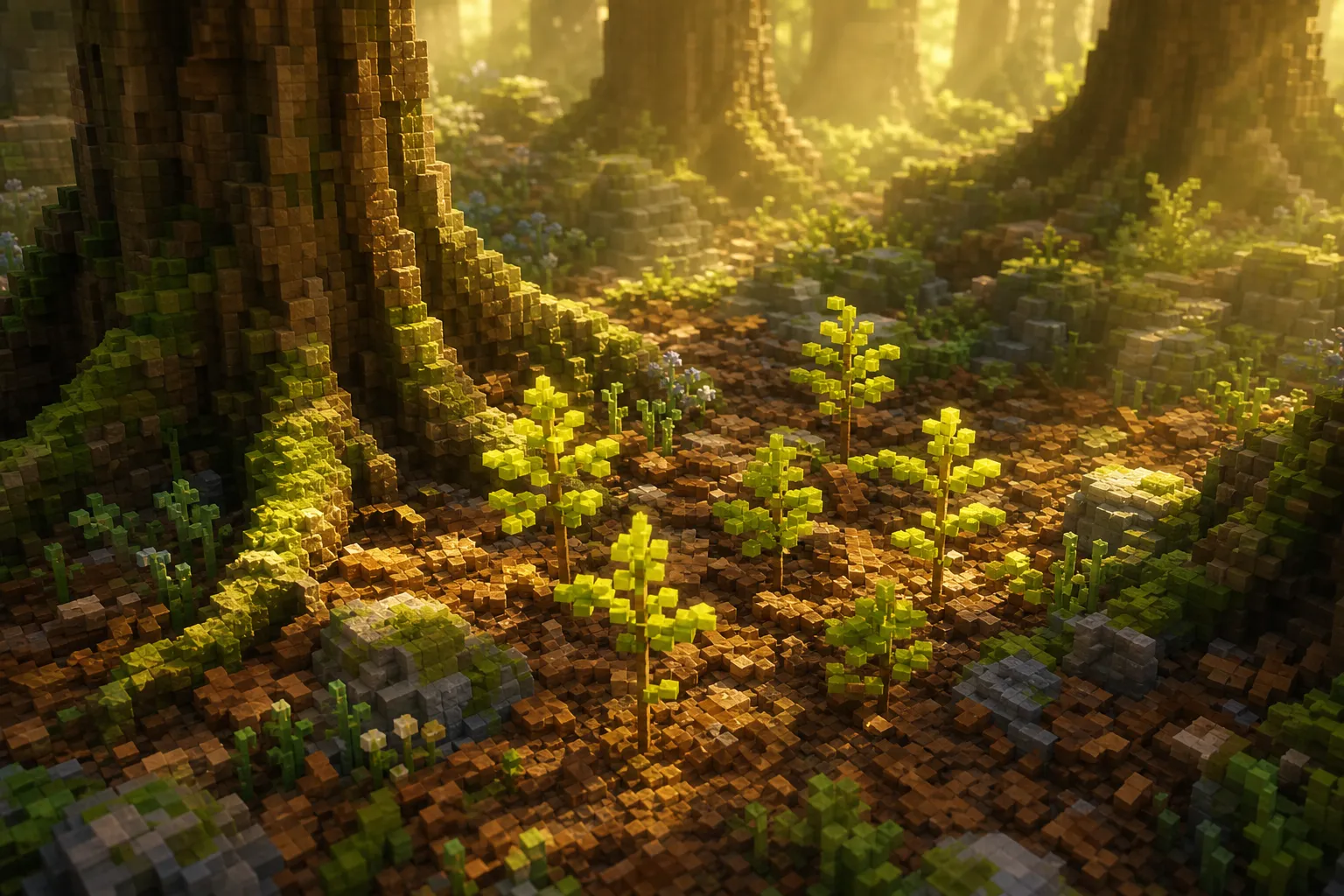 Small bright green saplings rising through leaf litter beneath tall voxel trees in warm spring light.