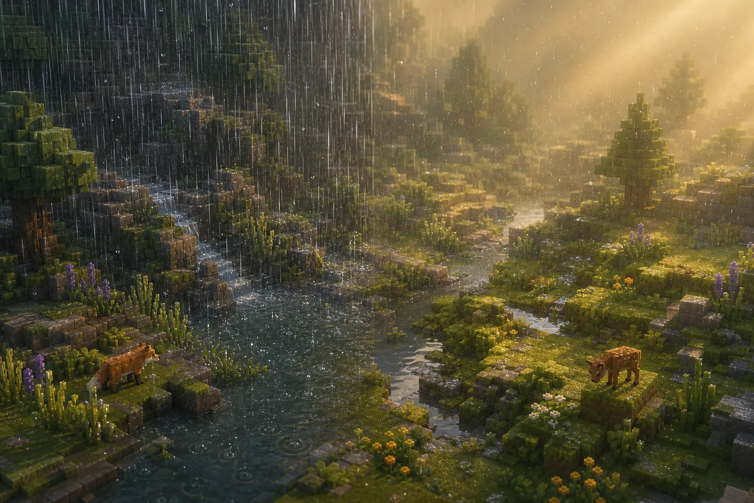 A golden-hour voxel valley under rain, shown as one heavy downpour on one side and a soft even drizzle on the other.