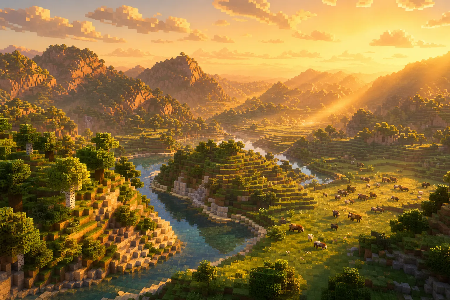 A wide golden-hour aerial view of a voxel wilderness where a soft shaft of warm light falls across distant valleys and grazing herds.