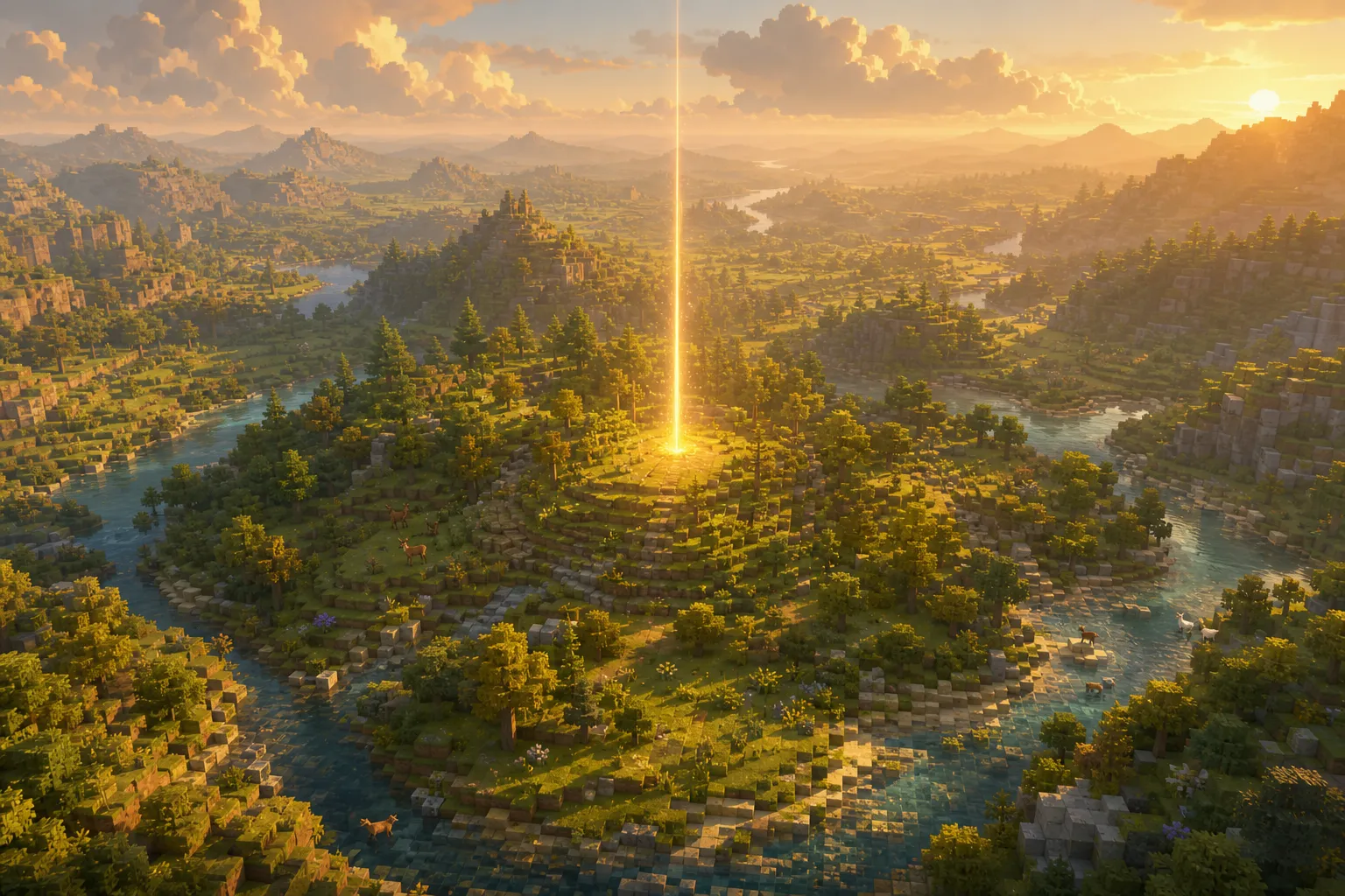 A high golden-hour aerial view of a voxel world with a single still column of warm light at its centre and untouched valleys at the edges.