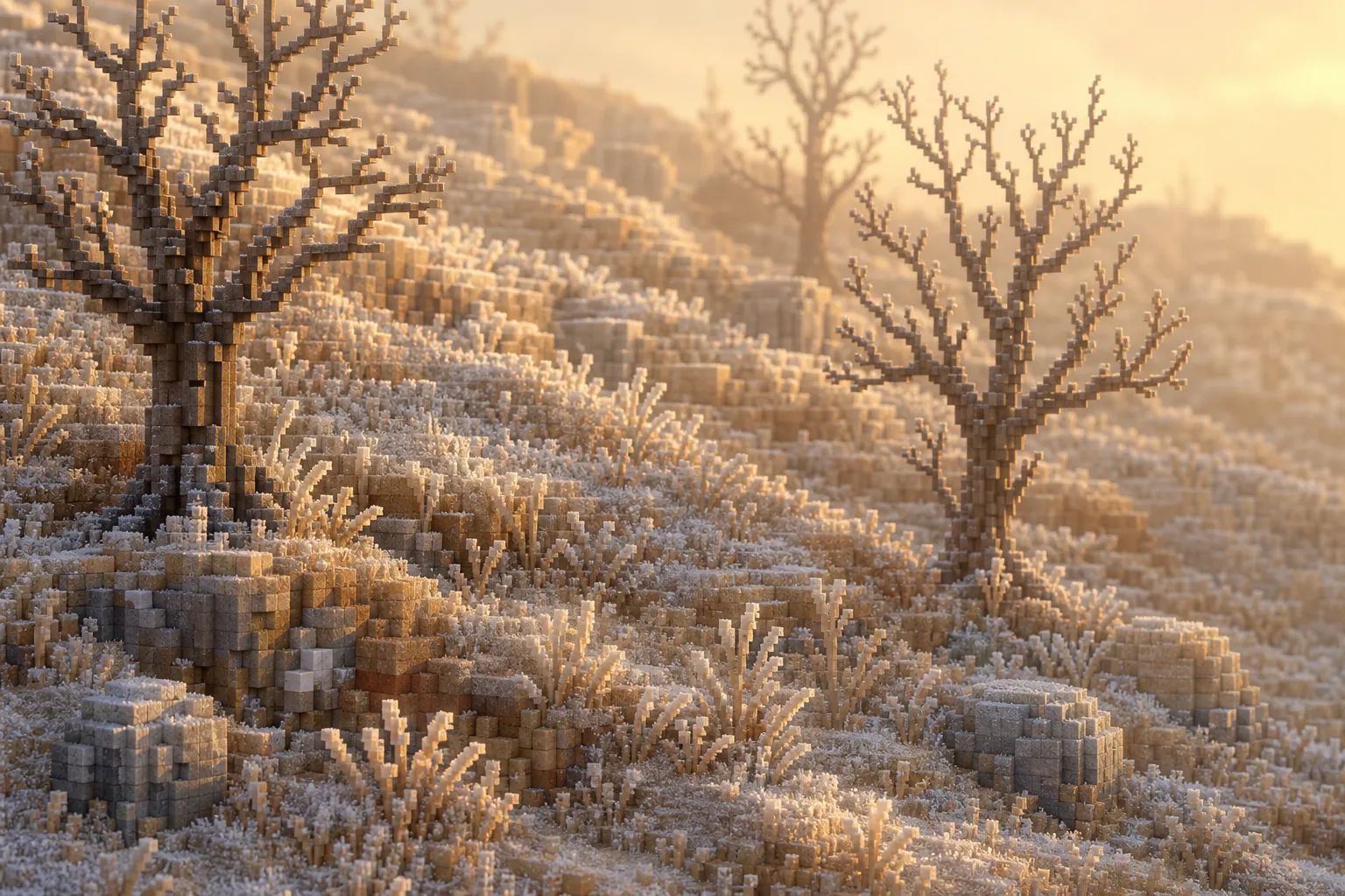A voxel hillside under low winter light with bare trees and frost-dulled straw-coloured grass, nothing growing.