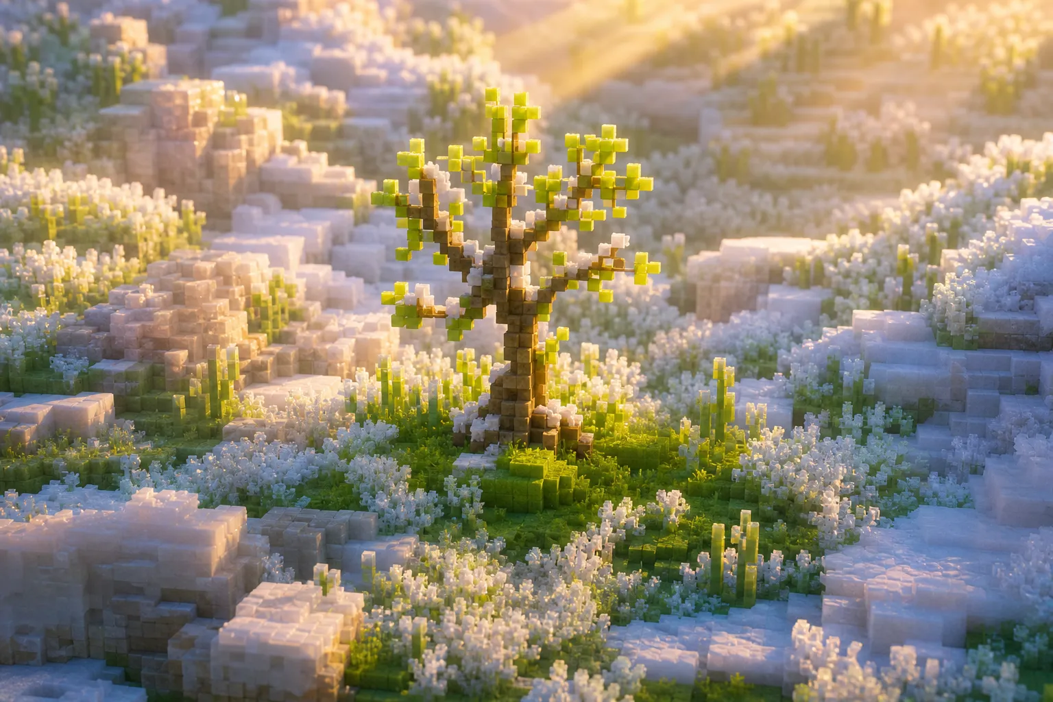 A snowy voxel hillside at golden hour where the grass is still bright green and a young tree stands in fresh leaf despite the frost.