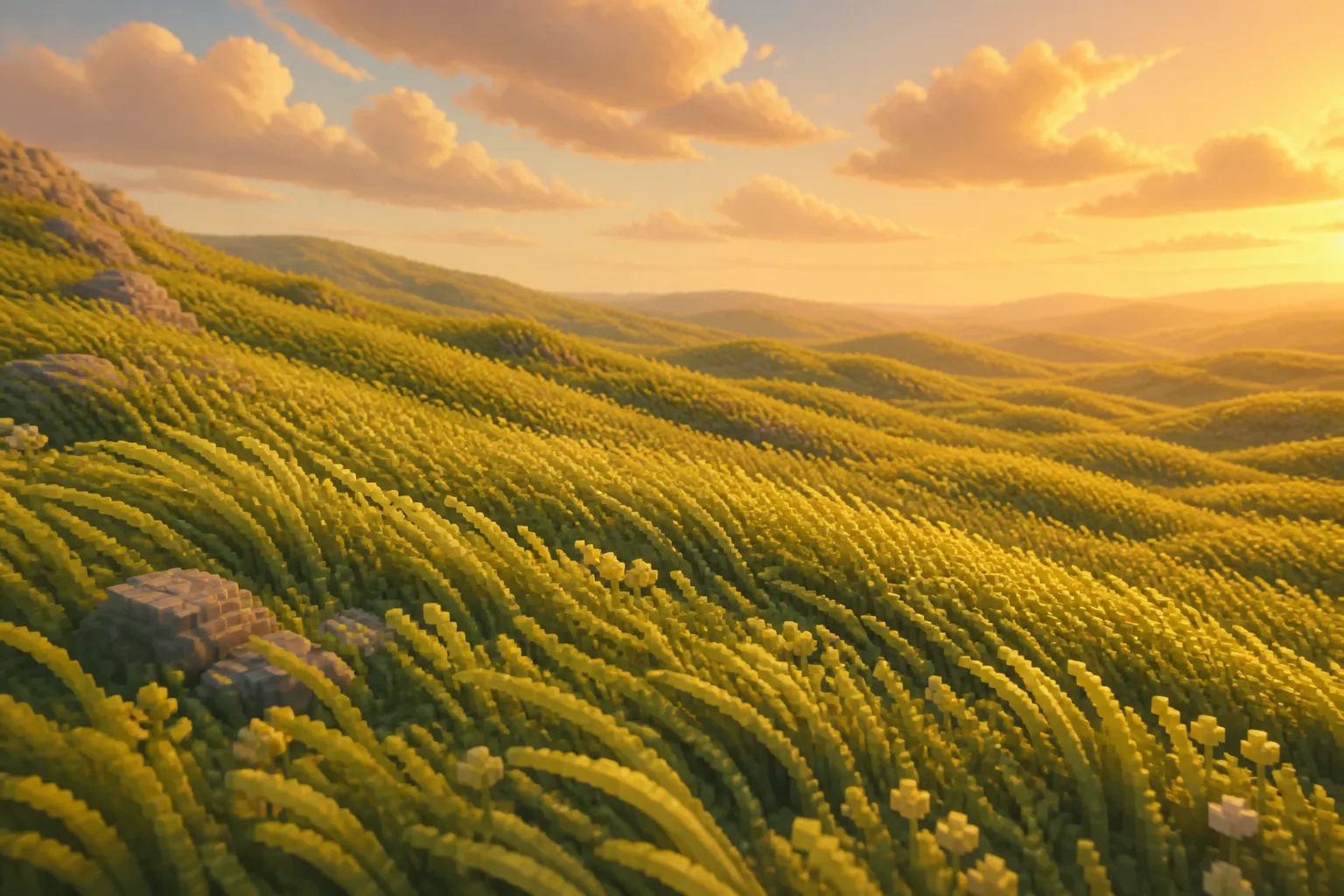 A wide golden-hour hillside of grass rippling in a steady wind under a quiet, empty sky, with no creatures in view.