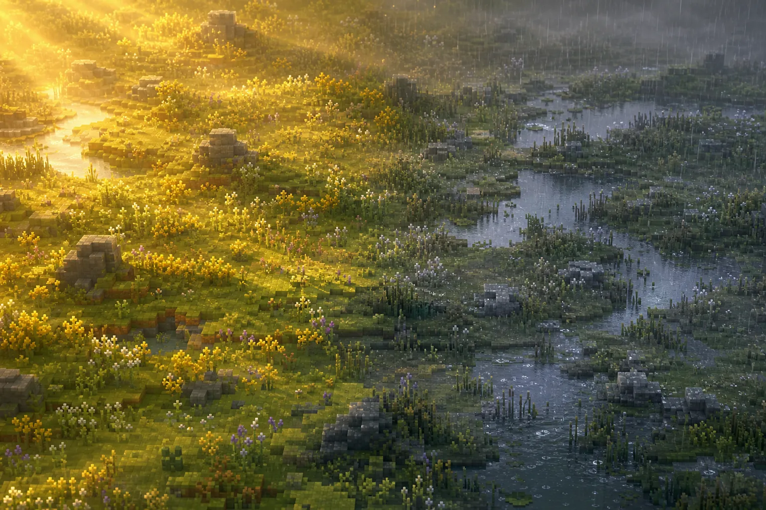 Two voxel landscapes at golden hour shown together: one bathed in clear warm sun, the other under a soft passing rain shower, the only difference between them their weather.