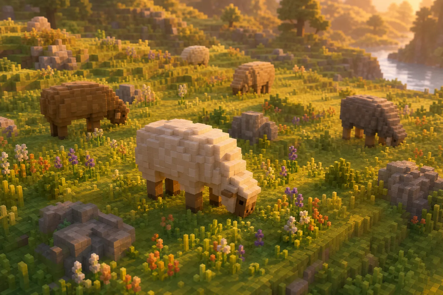 A scattered herd of pale voxel grazing animals spread calmly across a golden-hour wildflower meadow, each at its own patch of grass, none crowding or rushing, with a river and rolling hills beyond.