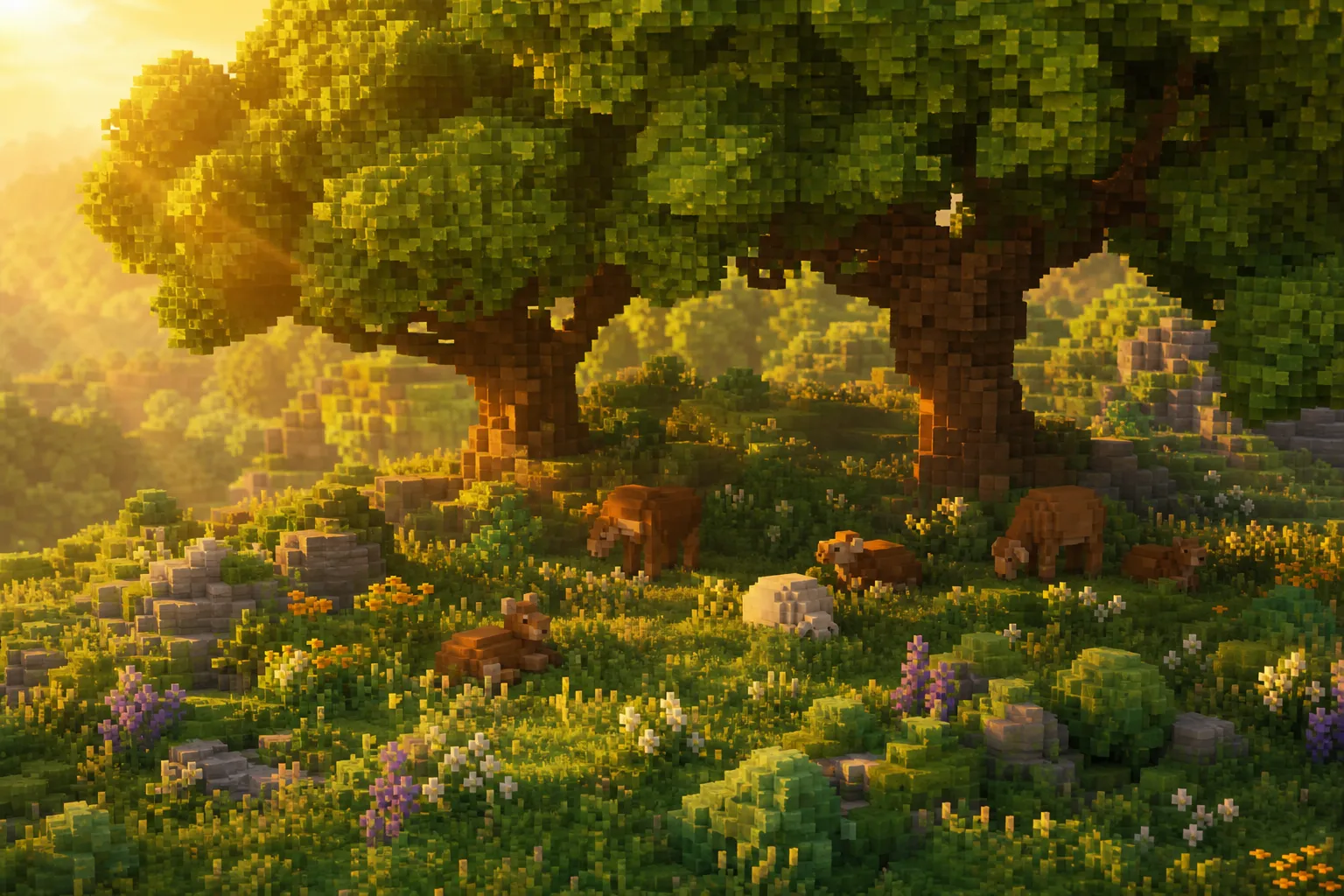 Two broad-crowned voxel canopy trees rising over a lush flowered meadow at golden hour, with a few grazing animals resting in the dappled shade beneath them.