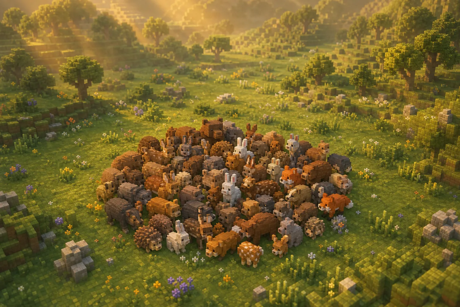 Aerial golden-hour voxel clearing packed with small solitary animals crowded close together while the open country around them sits empty.