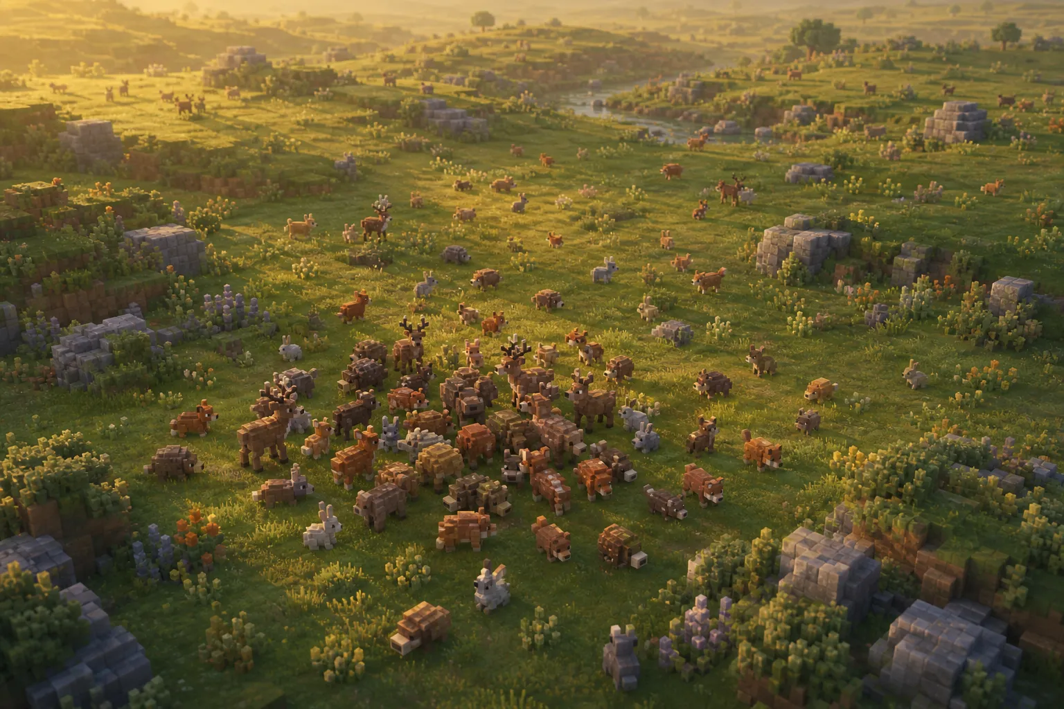 Aerial golden-hour voxel landscape showing small animals spreading outward from a dense cluster across open country, thinning as they move apart toward the horizon.