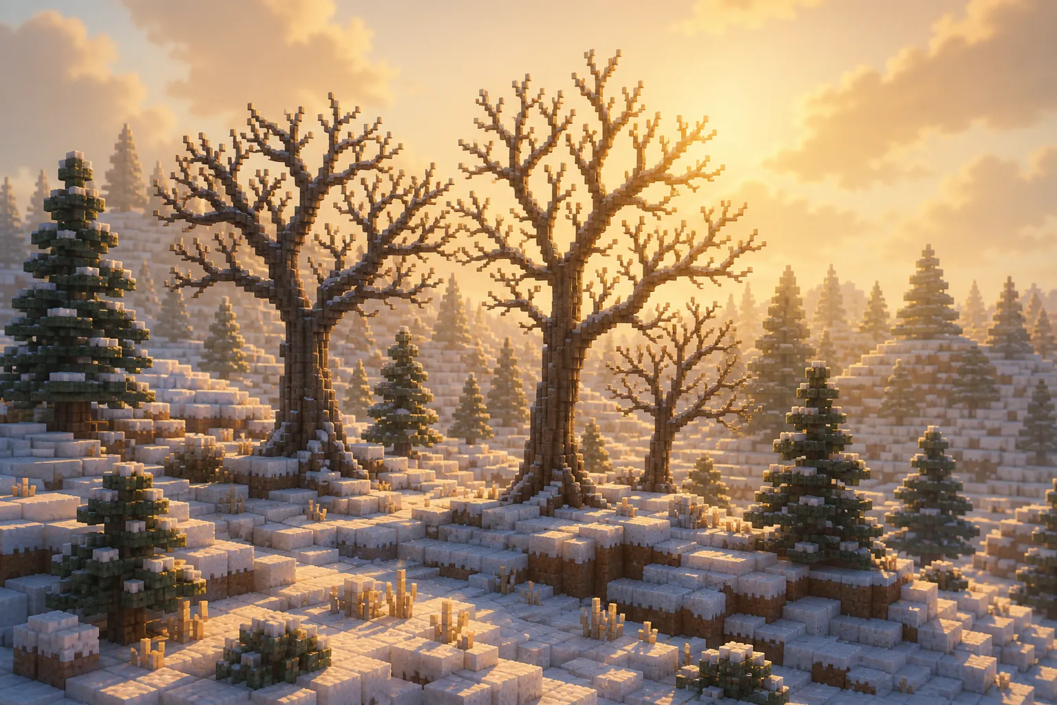 A snowy voxel valley at golden hour where a few bare-branched broadleaf trees stand among dark green pines that still hold their needles.