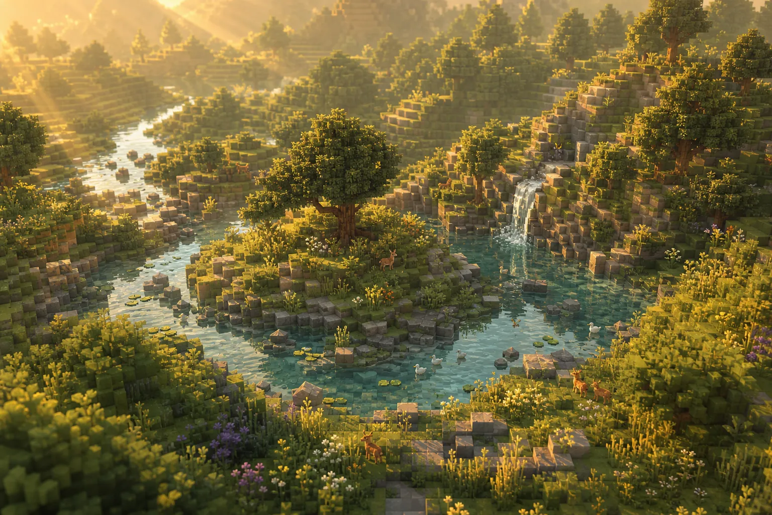 An aerial view of a voxel landscape at golden hour, detailed in the foreground and softening into a hazy distant horizon.