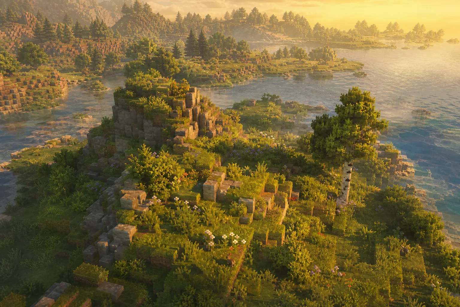 A small voxel world seen from a slowly circling overhead camera at golden hour, terrain and biomes turning under a low sun.