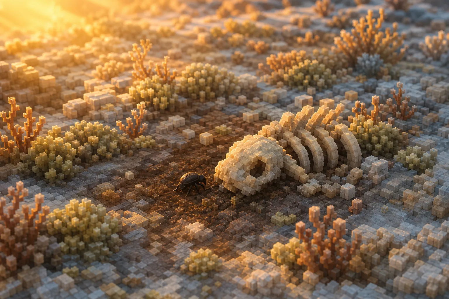 A close view of cold voxel steppe at golden hour, stony ground with low cushion plants, a small dark beetle crawling near the pale remains of a fallen animal.