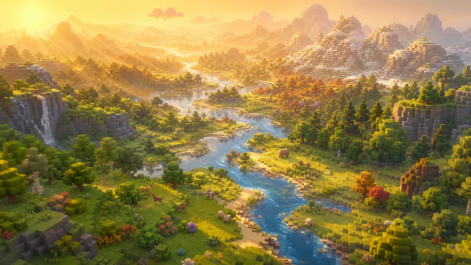 A sweeping voxel valley at golden hour, a river winding through wildflower meadows and waterfalls