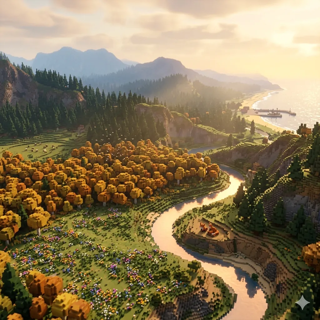 A voxel coastline in the long evening light, an autumn forest bluff above a quiet cove