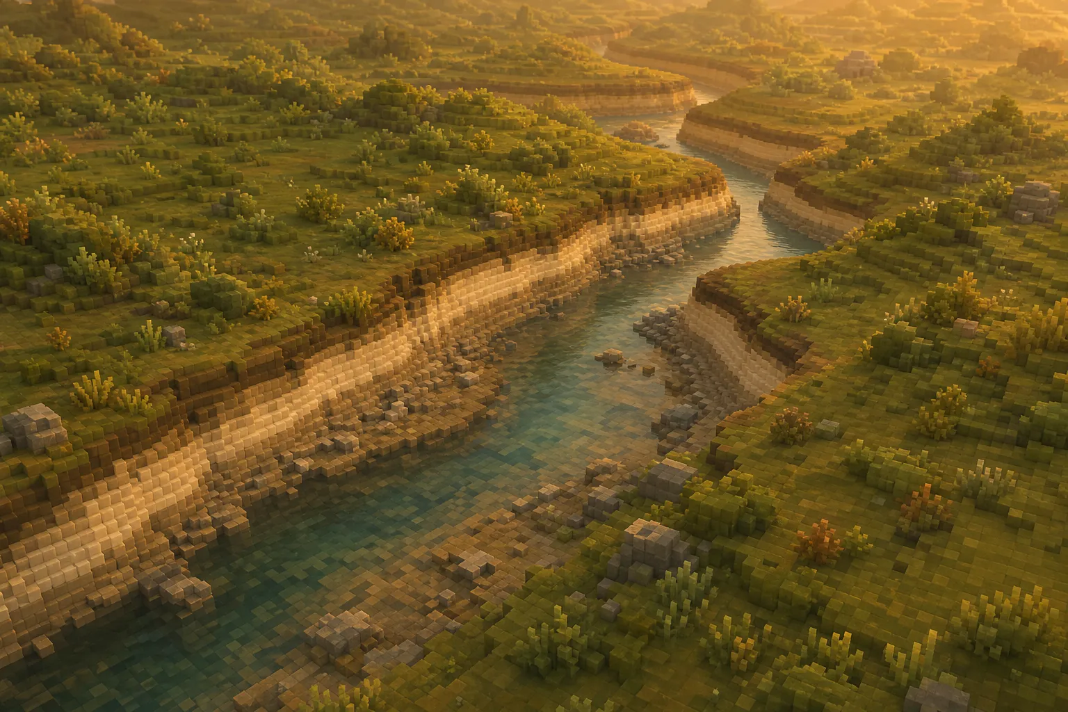 An aerial golden-hour view of a voxel valley where a winding river has carved a channel through soft rounded hills, its worn banks lower than the surrounding ground with pale subsoil showing where the darker topsoil has been stripped away.