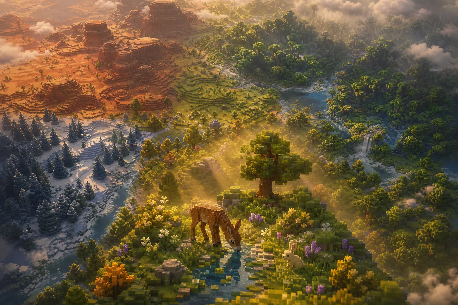 An aerial view of one voxel world where four climates meet: arid desert, tropical lowland, frosted northern forest, and temperate meadow, each in its own light.