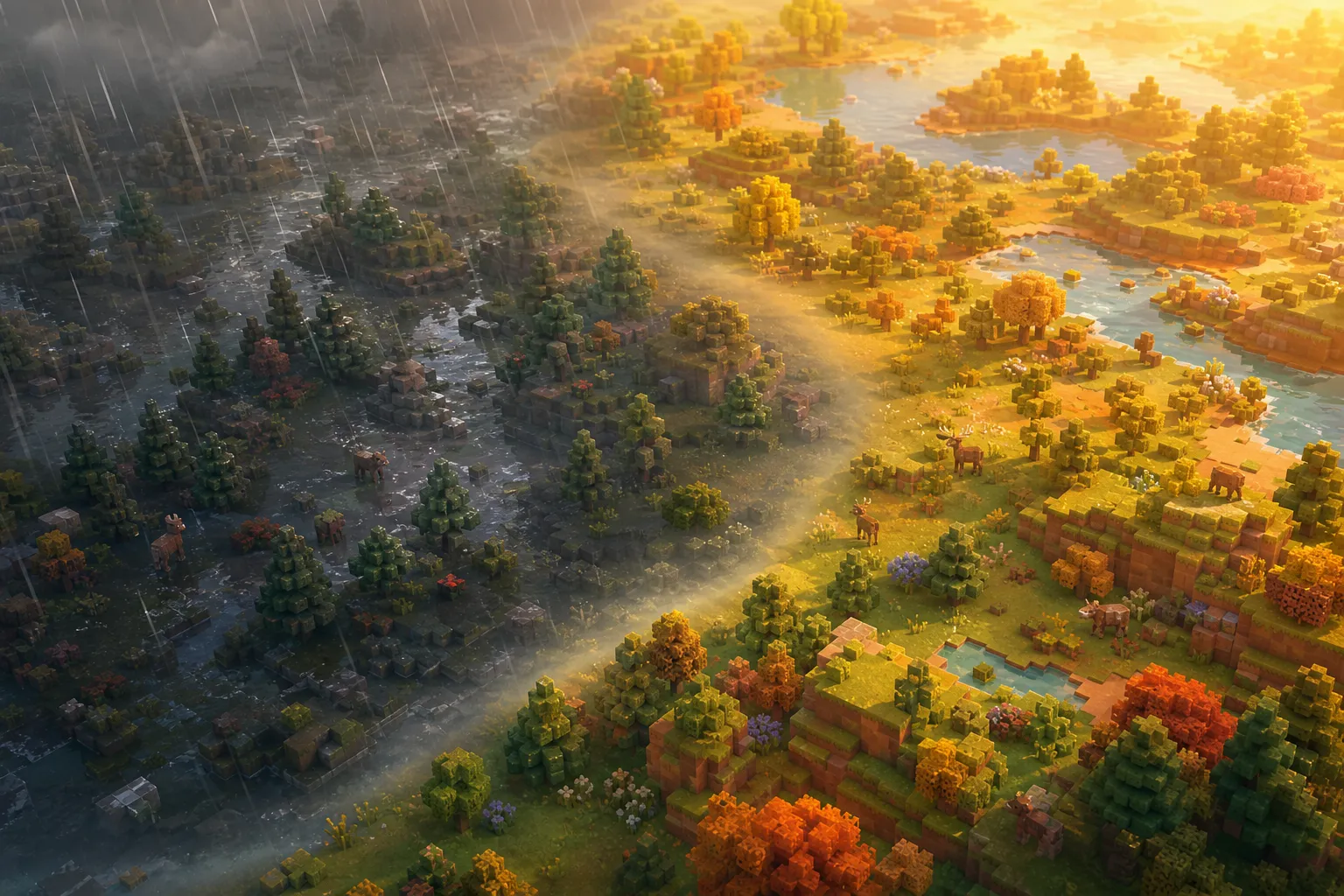 An aerial view of a soft circular rain front drifting over voxel hills, the land dark and wet beneath it and bright and clear beyond its fading edge.